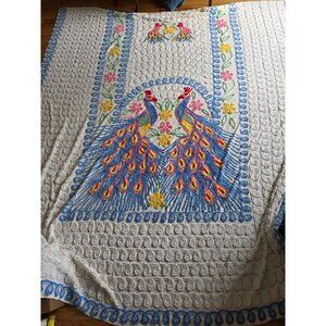 Vintage 1950s Chenille Bedspread With Peacock & Floral Design King